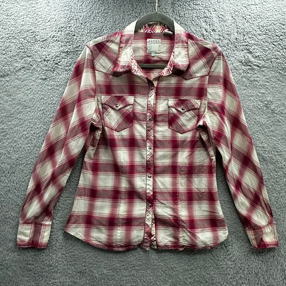 Roper Women's Large Pink Plaid Western Shirt Pearl Snaps Contrast Cuff Cowgirl